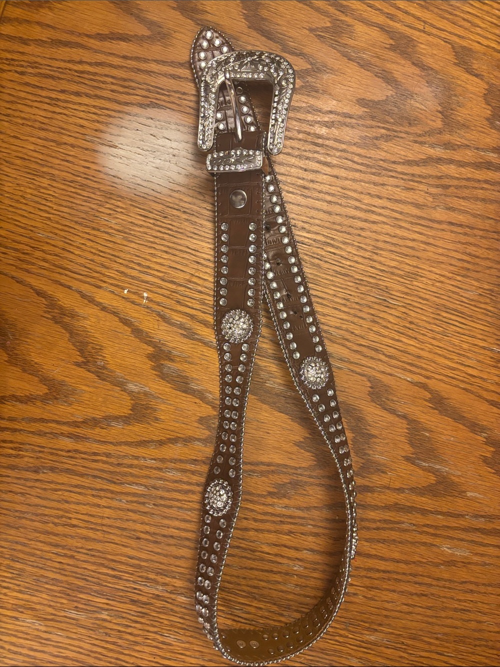 Source Unknown Brown Leather Rhinestone Western-Style Belt with Silver Buckle